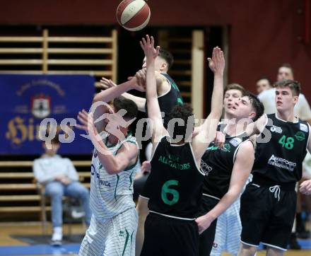 Basketball Zweite Liga 2019/2020. Play Down 3. Runde. KOS Celovec gegen  Union Deutsch Wagram Alligators. Rijad Dzigal (KOS Celovec),  Paul Rotter, 	Lukas Reichle, Marko Goranovic, Martin Wustinger  (Deutsch Wagram). Klagenfurt, am 7.3.2020.
Foto: Kuess
www.qspictures.net

---
pressefotos, pressefotografie, kuess, qs, qspictures, sport, bild, bilder, bilddatenbank