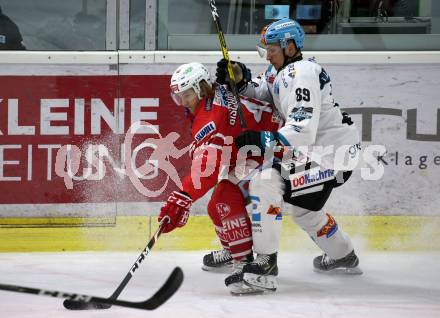 EBEL. Eishockey Bundesliga. KAC gegen	EHC Liwest Black Wings Linz. Johannes Bischofberger,  (KAC), Marco Brucker  (Linz). Klagenfurt, am 8.3.2020.
Foto: Kuess
www.qspictures.net

---
pressefotos, pressefotografie, kuess, qs, qspictures, sport, bild, bilder, bilddatenbank