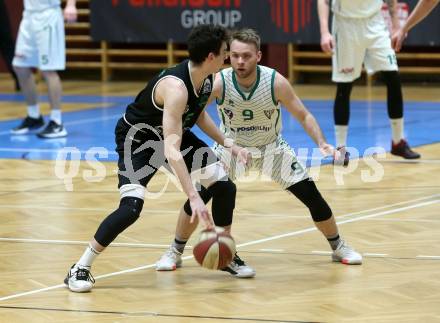 Basketball Zweite Liga 2019/2020. Play Down 3. Runde. KOS Celovec gegen  Union Deutsch Wagram Alligators. Tim Huber (KOS Celovec), Paul Rotter (Deutsch Wagram). Klagenfurt, am 7.3.2020.
Foto: Kuess
www.qspictures.net

---
pressefotos, pressefotografie, kuess, qs, qspictures, sport, bild, bilder, bilddatenbank