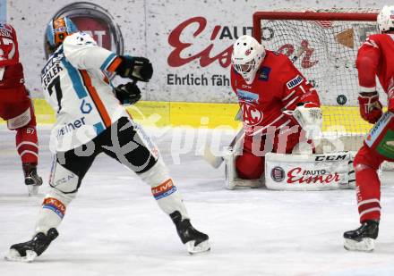 EBEL. Eishockey Bundesliga. KAC gegen	EHC Liwest Black Wings Linz. Jhonas Enroth,  (KAC), Brian Lebler  (Linz). Klagenfurt, am 8.3.2020.
Foto: Kuess
www.qspictures.net

---
pressefotos, pressefotografie, kuess, qs, qspictures, sport, bild, bilder, bilddatenbank