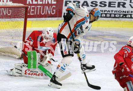 EBEL. Eishockey Bundesliga. KAC gegen	EHC Liwest Black Wings Linz. Jhonas Enroth,  (KAC),  Justin Florek (Linz). Klagenfurt, am 8.3.2020.
Foto: Kuess
www.qspictures.net

---
pressefotos, pressefotografie, kuess, qs, qspictures, sport, bild, bilder, bilddatenbank