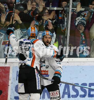 EBEL. Eishockey Bundesliga. KAC gegen	EHC Liwest Black Wings Linz. Torjubel Rick Schofield, Dragan Umicevic   (Linz). Klagenfurt, am 8.3.2020.
Foto: Kuess
www.qspictures.net

---
pressefotos, pressefotografie, kuess, qs, qspictures, sport, bild, bilder, bilddatenbank