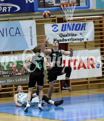 Basketball Zweite Liga 2019/2020. Play Down 3. Runde. KOS Celovec gegen  Union Deutsch Wagram Alligators.  Lovro Fizuleto (KOS Celovec), Elias Wlasak, Marko Goranovic (Deutsch Wagram). Klagenfurt, am 7.3.2020.
Foto: Kuess
www.qspictures.net

---
pressefotos, pressefotografie, kuess, qs, qspictures, sport, bild, bilder, bilddatenbank