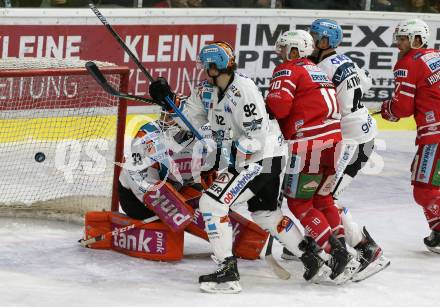 EBEL. Eishockey Bundesliga. KAC gegen	EHC Liwest Black Wings Linz. Andrew Jacob Kozek (KAC), Troy Rutkowski, Mario Altmann, Jeffrey Michael Glass   (Linz). Klagenfurt, am 8.3.2020.
Foto: Kuess
www.qspictures.net

---
pressefotos, pressefotografie, kuess, qs, qspictures, sport, bild, bilder, bilddatenbank