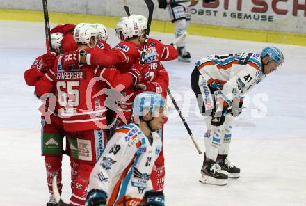 EBEL. Eishockey Bundesliga. KAC gegen	EHC Liwest Black Wings Linz. Torjubel Andrew Jacob Kozek, Thomas Hundertpfund, Michael Kernberger, David Joseph Fischer (KAC). Klagenfurt, am 8.3.2020.
Foto: Kuess
www.qspictures.net

---
pressefotos, pressefotografie, kuess, qs, qspictures, sport, bild, bilder, bilddatenbank