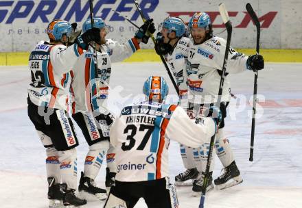 EBEL. Eishockey Bundesliga. KAC gegen	EHC Liwest Black Wings Linz. Torjubel Marco Brucker, Josh Roach, Justin Florek, Andreas Kristler, Samuel Hunter Fejes   (Linz). Klagenfurt, am 8.3.2020.
Foto: Kuess
www.qspictures.net

---
pressefotos, pressefotografie, kuess, qs, qspictures, sport, bild, bilder, bilddatenbank