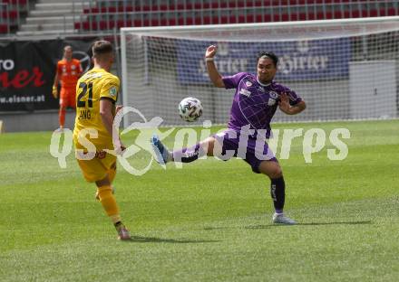 Fussball. 2. Liga. SK Austria Klagenfurt gegen Kapfenberger SV.  Maximiliano Moreira Romero (Klagenfurt), Michael Lang (Kapfenberger SV). Klagenfurt, am 7.6.2020.
Foto: Kuess
www.qspictures.net
---
pressefotos, pressefotografie, kuess, qs, qspictures, sport, bild, bilder, bilddatenbank