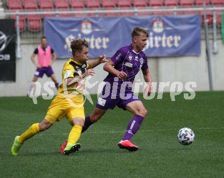 Fussball. 2. Liga. SK Austria Klagenfurt gegen Kapfenberger SV. Florian Freissegger (Klagenfurt),  Christoph Graschi (Kapfenberger SV). Klagenfurt, am 7.6.2020.
Foto: Kuess
www.qspictures.net
---
pressefotos, pressefotografie, kuess, qs, qspictures, sport, bild, bilder, bilddatenbank