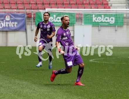 Fussball. 2. Liga. SK Austria Klagenfurt gegen Kapfenberger SV. Torjubel Okan Aydin (Klagenfurt),  (Kapfenberger SV). Klagenfurt, am 7.6.2020.
Foto: Kuess
www.qspictures.net
---
pressefotos, pressefotografie, kuess, qs, qspictures, sport, bild, bilder, bilddatenbank