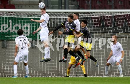 Fussball. 2. Liga. SK Austria Klagenfurt gegen SV Licht-Loidl Lafnitz.  Kosmas Gkezos, Scott Fitzgerald Kennedy, Darijo Pecirep (Klagenfurt), Milos Jovicic (Lafnitz). Klagenfurt, am 14.6.2020.
Foto: Kuess
www.qspictures.net
---
pressefotos, pressefotografie, kuess, qs, qspictures, sport, bild, bilder, bilddatenbank