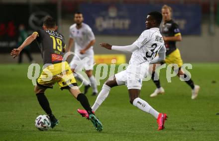 Fussball. 2. Liga. SK Austria Klagenfurt gegen SV Licht-Loidl Lafnitz.  Mc Moordy King Huether (Klagenfurt), David Immanuel Otter (Lafnitz). Klagenfurt, am 14.6.2020.
Foto: Kuess
www.qspictures.net
---
pressefotos, pressefotografie, kuess, qs, qspictures, sport, bild, bilder, bilddatenbank
