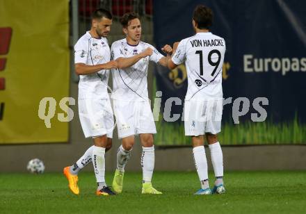 Fussball. 2. Liga. SK Austria Klagenfurt gegen SV Licht-Loidl Lafnitz.  Torjubel Darijo Pecirep, Oliver Markoutz, Julian von Haacke (Klagenfurt). Klagenfurt, am 14.6.2020.
Foto: Kuess
www.qspictures.net
---
pressefotos, pressefotografie, kuess, qs, qspictures, sport, bild, bilder, bilddatenbank
