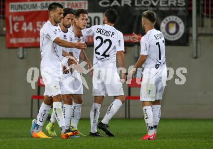 Fussball. 2. Liga. SK Austria Klagenfurt gegen SV Licht-Loidl Lafnitz.  Torjubel Darijo Pecirep, Oliver Markoutz, Julian von Haacke, P. Gkezos, Okan Aydin (Klagenfurt). Klagenfurt, am 14.6.2020.
Foto: Kuess
www.qspictures.net
---
pressefotos, pressefotografie, kuess, qs, qspictures, sport, bild, bilder, bilddatenbank