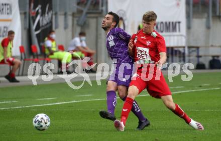 Fussball. 2. Liga. SK Austria Klagenfurt gegen Grazer AK 1902. Polydoros Gkezos (Klagenfurt), Paul Kiedl  (Graz). Klagenfurt, am 23.6.2020.
Foto: Kuess
www.qspictures.net
---
pressefotos, pressefotografie, kuess, qs, qspictures, sport, bild, bilder, bilddatenbank