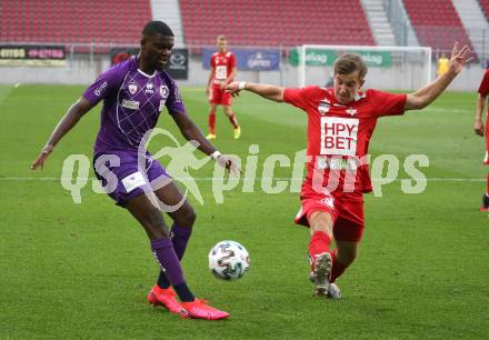 Fussball. 2. Liga. SK Austria Klagenfurt gegen Grazer AK 1902. Mc Moordy King Huether (Klagenfurt),  Benjamin Rosenberger (Graz). Klagenfurt, am 23.6.2020.
Foto: Kuess
www.qspictures.net
---
pressefotos, pressefotografie, kuess, qs, qspictures, sport, bild, bilder, bilddatenbank