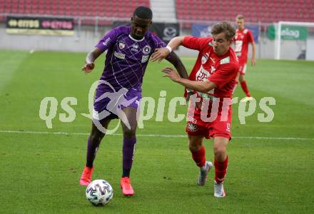 Fussball. 2. Liga. SK Austria Klagenfurt gegen Grazer AK 1902. Mc Moordy King Huether (Klagenfurt),  Benjamin Rosenberger (Graz). Klagenfurt, am 23.6.2020.
Foto: Kuess
www.qspictures.net
---
pressefotos, pressefotografie, kuess, qs, qspictures, sport, bild, bilder, bilddatenbank