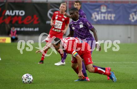 Fussball. 2. Liga. SK Austria Klagenfurt gegen Grazer AK 1902. Mc Moordy King Huether (Klagenfurt),  Marco Perchtold (Graz). Klagenfurt, am 23.6.2020.
Foto: Kuess
www.qspictures.net
---
pressefotos, pressefotografie, kuess, qs, qspictures, sport, bild, bilder, bilddatenbank