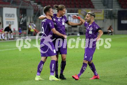 Fussball. 2. Liga. SK Austria Klagenfurt gegen FC Juniors Oberoesterreich.  Torjubel Oliver Markoutz, Patrick Greil, Okan Aydin (Klagenfurt). Klagenfurt, am 4.7.2020.
Foto: Kuess
www.qspictures.net
---
pressefotos, pressefotografie, kuess, qs, qspictures, sport, bild, bilder, bilddatenbank