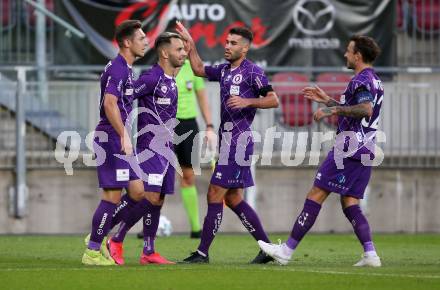 Fussball. 2. Liga. SK Austria Klagenfurt gegen FC Juniors Oberoesterreich.  Torjubel Oliver Markoutz, Okan Aydin, Polydoros Gkezos, Philipp Huetter (Klagenfurt). Klagenfurt, am 4.7.2020.
Foto: Kuess
www.qspictures.net
---
pressefotos, pressefotografie, kuess, qs, qspictures, sport, bild, bilder, bilddatenbank