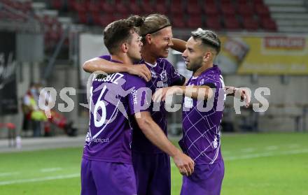 Fussball. 2. Liga. SK Austria Klagenfurt gegen FC Juniors Oberoesterreich.  Torjubel Oliver Markoutz, Patrick Greil, Okan Aydin (Klagenfurt). Klagenfurt, am 4.7.2020.
Foto: Kuess
www.qspictures.net
---
pressefotos, pressefotografie, kuess, qs, qspictures, sport, bild, bilder, bilddatenbank