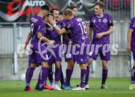 Fussball. 2. Liga. SK Austria Klagenfurt gegen FC Juniors Oberoesterreich.  Torjubel  Okan Aydin, Darijo Pecirep, Markus Rusek, Philipp Huetter, Julian von Haacke, Scott Kennedy (Klagenfurt). Klagenfurt, am 4.7.2020.
Foto: Kuess
www.qspictures.net
---
pressefotos, pressefotografie, kuess, qs, qspictures, sport, bild, bilder, bilddatenbank