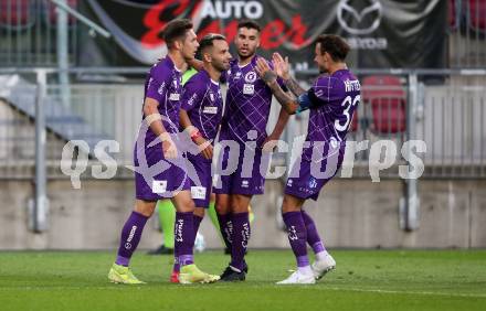 Fussball. 2. Liga. SK Austria Klagenfurt gegen FC Juniors Oberoesterreich.  Torjubel Oliver Markoutz, Okan Aydin, Polydoros Gkezos, Philipp Huetter (Klagenfurt). Klagenfurt, am 4.7.2020.
Foto: Kuess
www.qspictures.net
---
pressefotos, pressefotografie, kuess, qs, qspictures, sport, bild, bilder, bilddatenbank