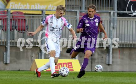Fussball. 2. Liga. SK Austria Klagenfurt gegen FC Juniors Oberoesterreich.  Patrick Greil,  (Klagenfurt), Sebastian Breuer (FC Juniors Oberoesterreich). Klagenfurt, am 4.7.2020.
Foto: Kuess
www.qspictures.net
---
pressefotos, pressefotografie, kuess, qs, qspictures, sport, bild, bilder, bilddatenbank