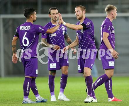 Fussball. 2. Liga. SK Austria Klagenfurt gegen FC Juniors Oberoesterreich.  Jubel Maximiliano Moreira, Philipp Huetter, Markus Rusek (Klagenfurt). Klagenfurt, am 4.7.2020.
Foto: Kuess
www.qspictures.net
---
pressefotos, pressefotografie, kuess, qs, qspictures, sport, bild, bilder, bilddatenbank