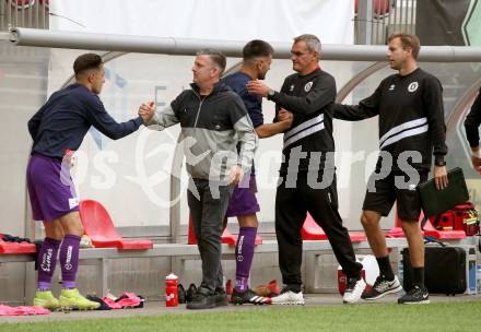 Fussball. 2. Liga. SK Austria Klagenfurt gegen Floridsdorfer AC Wien.  Jubel Oliver Markoutz, Matthias Imhof, Darijo Pecirep, Trainer Robert Micheu, Co-Trainer  (Klagenfurt). Klagenfurt, am 18.7.2020.
Foto: Kuess
www.qspictures.net
---
pressefotos, pressefotografie, kuess, qs, qspictures, sport, bild, bilder, bilddatenbank