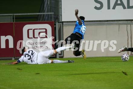 Fussball. 2. Liga. Amstetten gegen SK Austria Klagenfurt.  Wale Musso Alli (Amstetten), Philipp Huetter, (Klagenfurt). Amstetten, am 24.7.2020.
Foto: Kuess
www.qspictures.net
---
pressefotos, pressefotografie, kuess, qs, qspictures, sport, bild, bilder, bilddatenbank
