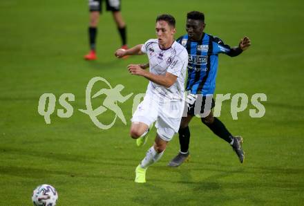 Fussball. 2. Liga. Amstetten gegen SK Austria Klagenfurt.  Wale Musso Alli (Amstetten), Oliver Markoutz, (Klagenfurt). Amstetten, am 24.7.2020.
Foto: Kuess
www.qspictures.net
---
pressefotos, pressefotografie, kuess, qs, qspictures, sport, bild, bilder, bilddatenbank