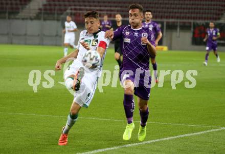 Fussball. 2. Liga. SK Austria Klagenfurt gegen Wacker Innsbruck.  oliver Markoutz, (Klagenfurt), Lukas Hupfauf (Innsbruck). Klagenfurt, am 31.7.2020.
Foto: Kuess
www.qspictures.net
---
pressefotos, pressefotografie, kuess, qs, qspictures, sport, bild, bilder, bilddatenbank