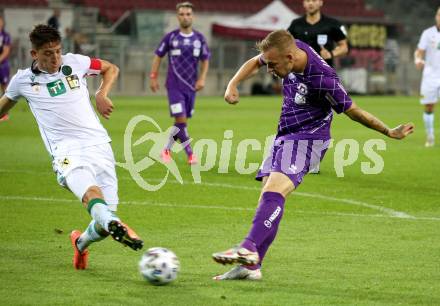 Fussball. 2. Liga. SK Austria Klagenfurt gegen Wacker Innsbruck.  Florian Jaritz, (Klagenfurt), 	Lukas Hupfauf (Innsbruck). Klagenfurt, am 31.7.2020.
Foto: Kuess
www.qspictures.net
---
pressefotos, pressefotografie, kuess, qs, qspictures, sport, bild, bilder, bilddatenbank