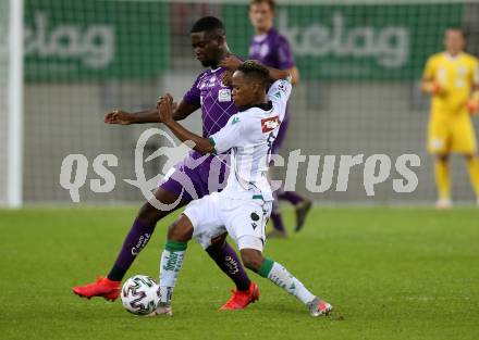 Fussball. 2. Liga. SK Austria Klagenfurt gegen Wacker Innsbruck.  Mc Moordy Huether (Klagenfurt), Karim Conte (Innsbruck). Klagenfurt, am 31.7.2020.
Foto: Kuess
www.qspictures.net
---
pressefotos, pressefotografie, kuess, qs, qspictures, sport, bild, bilder, bilddatenbank