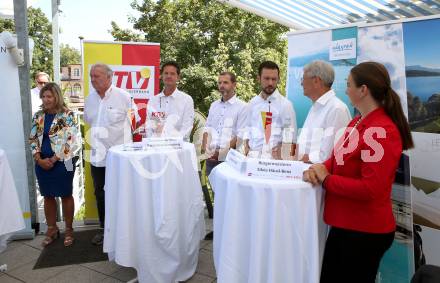 Tennis. WTA-Turnier in Poertschach. Pressekonferenz. Christina Toth, Hugo Fuerstler, Gernot Dreier, Roland Sint, Sebastian Schuschnig, Peter Kaiser,  Silvia Haeusl-Benz. Poertschach, 6.8.2020. 
Foto: Kuess 
---
pressefotos, pressefotografie, kuess, qs, qspictures, sport, bild, bilder, bilddatenbank
