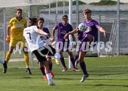 Fussball. Unterliga Ost. Austria Klagenfurt Amateure gegen ASK Klagenfurt. Jannik Thomas Robatsch, (Austria Klagenfurt Amat.),  Lukas Lausegger  (ASK Klagenfurt). Klagenfurt, 9.8.2020.
Foto: Kuess
---
pressefotos, pressefotografie, kuess, qs, qspictures, sport, bild, bilder, bilddatenbank
