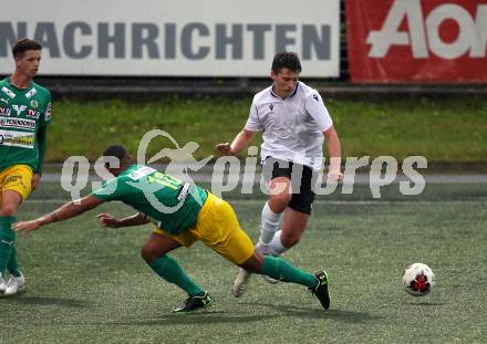 Fussball Regionalliga. Spittal gegen Voecklamarkt.  Silvio Pascal Truskaller (Spittal), Yannick Johnson (Voecklamarkt). Spittal, 14.8.2020.
Foto: Kuess
---
pressefotos, pressefotografie, kuess, qs, qspictures, sport, bild, bilder, bilddatenbank