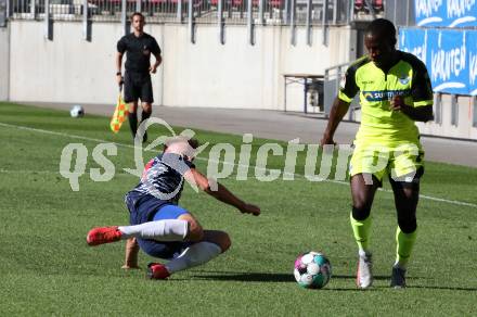 Fussball Testspiel. SK Austria Klagenfurt gegen SC Paderborn 07.  Florian Freissegger,  (Klagenfurt), Christopher Antwi-Adjei (Paderborn). Klagenfurt, am 19.8.2020.
Foto: Kuess
www.qspictures.net
---
pressefotos, pressefotografie, kuess, qs, qspictures, sport, bild, bilder, bilddatenbank