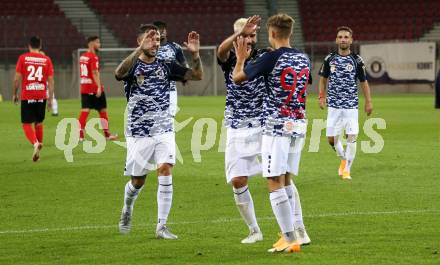 Fussball OEFB Cup. SK Austria KLagenfurt gegen Stadl-Paura. Torjubel Philipp Huetter, Kosmas Gkezos, Fabio Markelic (Klagenfurt). KLagenfurt, am 28.8.2020.
Foto: Kuess
---
pressefotos, pressefotografie, kuess, qs, qspictures, sport, bild, bilder, bilddatenbank