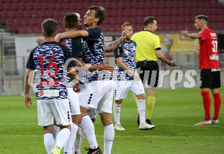 Fussball OEFB Cup. SK Austria KLagenfurt gegen Stadl-Paura. Torjubel Markus Pink, Kosmas Gkezos, Torsten Mahrer (Klagenfurt). KLagenfurt, am 28.8.2020.
Foto: Kuess
---
pressefotos, pressefotografie, kuess, qs, qspictures, sport, bild, bilder, bilddatenbank