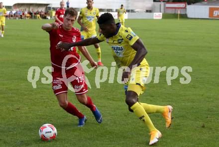Fussball OEFB Cup. ATSV Wolfsberg gegen St. Poelten. Thomas Heine,  (Wolfsberg), Kofi Yeboah Schulz   (St. Poelten). Wolfsberg, am 29.8.2020.
Foto: Kuess
---
pressefotos, pressefotografie, kuess, qs, qspictures, sport, bild, bilder, bilddatenbank