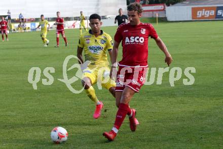 Fussball OEFB Cup. ATSV Wolfsberg gegen St. Poelten.  Moritz Guetz, (Wolfsberg), Alexander Schmidt   (St. Poelten). Wolfsberg, am 29.8.2020.
Foto: Kuess
---
pressefotos, pressefotografie, kuess, qs, qspictures, sport, bild, bilder, bilddatenbank