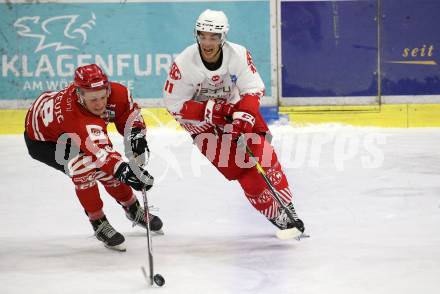 Eishockey Bundesliga Testspiel. EC KAC gegen HDD Jesenice.  Lukas Haudum,  (KAC),  Blaz Tomazevic (Jesenice). Klagenfurt, am 4.9.2020.
Foto: Kuess
---
pressefotos, pressefotografie, kuess, qs, qspictures, sport, bild, bilder, bilddatenbank