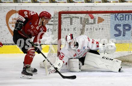 Eishockey Bundesliga Testspiel. EC KAC gegen HDD Jesenice.  Sebastian Dahm,  (KAC), Jaka Sodja  (Jesenice). Klagenfurt, am 4.9.2020.
Foto: Kuess
---
pressefotos, pressefotografie, kuess, qs, qspictures, sport, bild, bilder, bilddatenbank