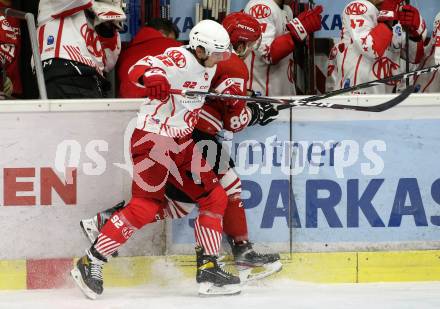 Eishockey Bundesliga Testspiel. EC KAC gegen HDD Jesenice. Clemens Unterweger,   (KAC), Timotej Kocar  (Jesenice). Klagenfurt, am 4.9.2020.
Foto: Kuess
---
pressefotos, pressefotografie, kuess, qs, qspictures, sport, bild, bilder, bilddatenbank
