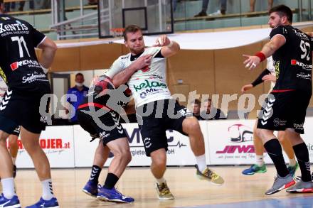 Handball Spusu Liga. SC Ferlach gegen Baernbach.  Matic Kotar,   (Ferlach),  Milos Djurdjevic (Baernbach). Ferlach, am 5.9 2020.
Foto: Kuess
---
pressefotos, pressefotografie, kuess, qs, qspictures, sport, bild, bilder, bilddatenbank