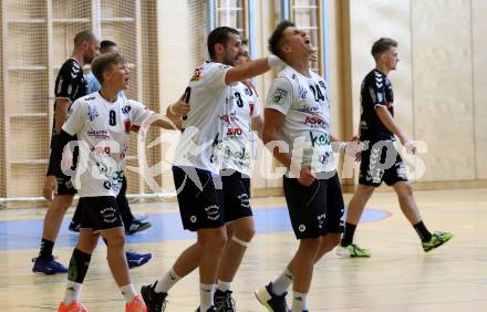 Handball Spusu Liga. SC Ferlach gegen Baernbach.  Jubel Nico Sager, Dean pomorisac, Mladan Jovanovic  (Ferlach). Ferlach, am 5.9 2020.
Foto: Kuess
---
pressefotos, pressefotografie, kuess, qs, qspictures, sport, bild, bilder, bilddatenbank