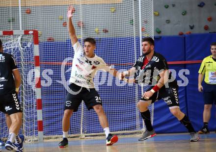 Handball Spusu Liga. SC Ferlach gegen Baernbach.  Mladan Jovanovic,  (Ferlach), Jadranko Stojanovic  (Baernbach). Ferlach, am 5.9 2020.
Foto: Kuess
---
pressefotos, pressefotografie, kuess, qs, qspictures, sport, bild, bilder, bilddatenbank