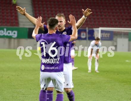 Fussball 2. Liga. SK Austria Klagenfurt gegen FC Blau Weiss Linz.  Torjubel Oliver Markoutz, Markus Rusek (Klagenfurt). Klagenfurt, am 11.9.2020.
Foto: Kuess
www.qspictures.net
---
pressefotos, pressefotografie, kuess, qs, qspictures, sport, bild, bilder, bilddatenbank