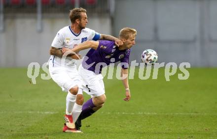 Fussball 2. Liga. SK Austria Klagenfurt gegen FC Blau Weiss Linz.  Christopher Cvetko,  (Klagenfurt), Bernhard Janeczek (Linz). Klagenfurt, am 11.9.2020.
Foto: Kuess
www.qspictures.net
---
pressefotos, pressefotografie, kuess, qs, qspictures, sport, bild, bilder, bilddatenbank